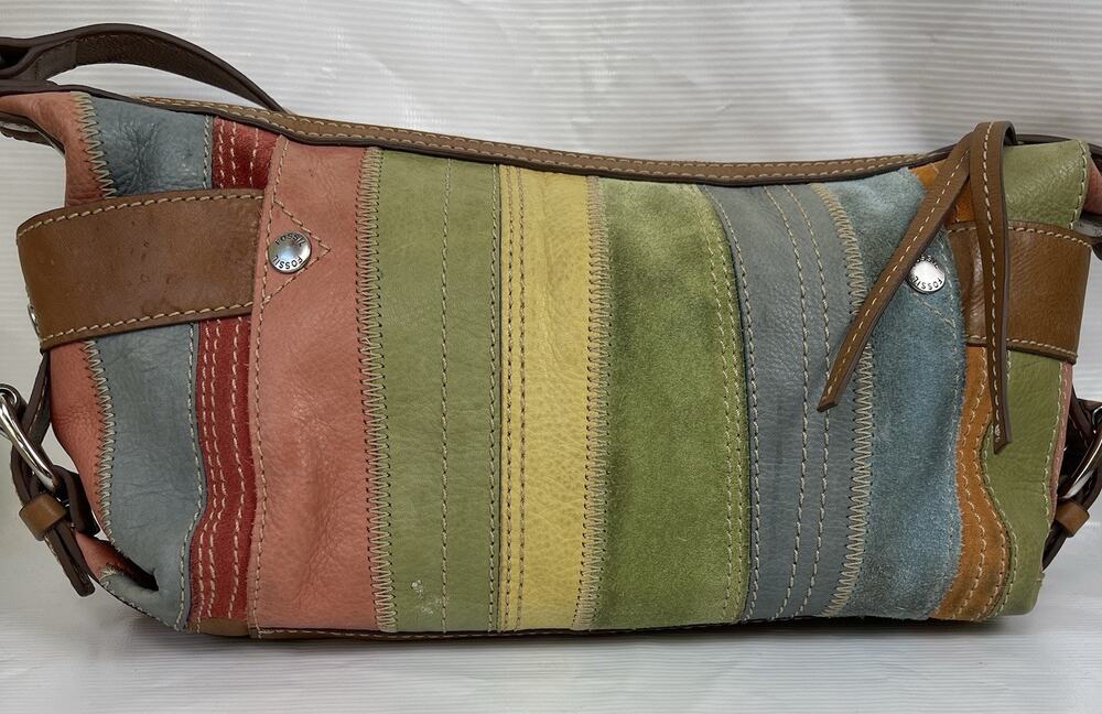 Fossil Leather Suede Bag Rainbow Colorful Stripe Boho Purse Vintage Shoulder